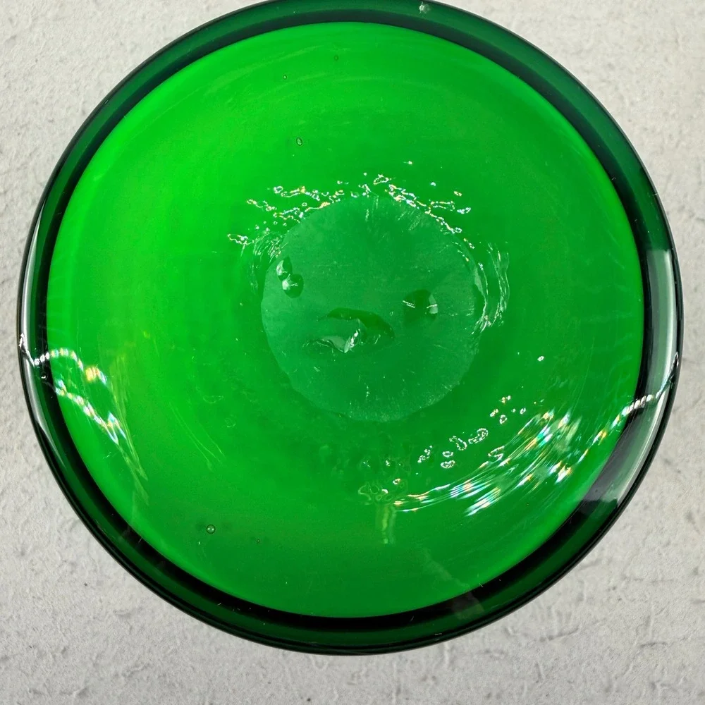 Vintage Mid Century Emerald Green Cased Glass Vase White‎ Rim 6 Inch MCM Decor